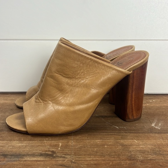 Tory Burch Raya peep toe mule heels wooden heel size 8.5 leather tan - Picture 3 of 12